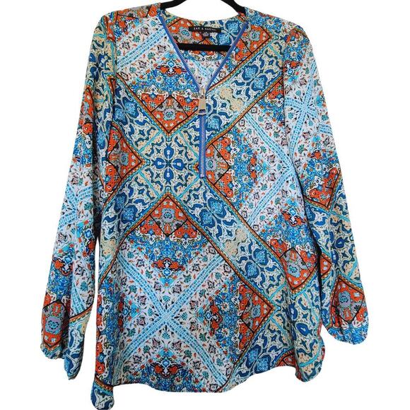 ZAC & RACHEL Mosaic Zip Up Boho Tunic Womens L Colorful Loose-Fitting Flattering - Picture 1 of 13